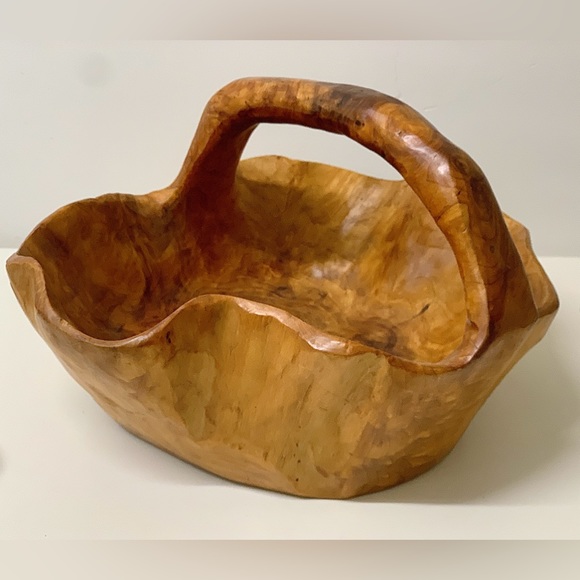 Mid Century Vtg Artisan Hand Carved Solid Tree Burl Wooden Fruit Bowl Basket - Picture 2 of 16